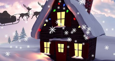 Festive Winter Cabin with Santa Silhouette and Snowflakes