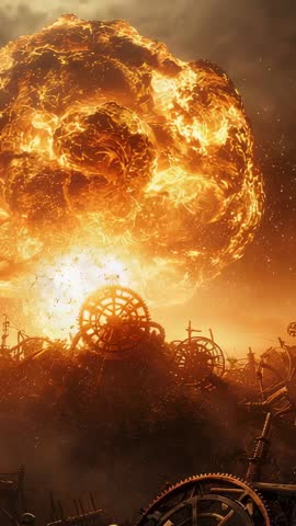 Molten Sphere Rising Over Industrial Junkyard | Vertical Dystopian Firestorm Video