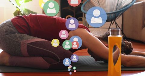 Caucasian Woman Practicing Yoga with Social Media Conceptual Overlay