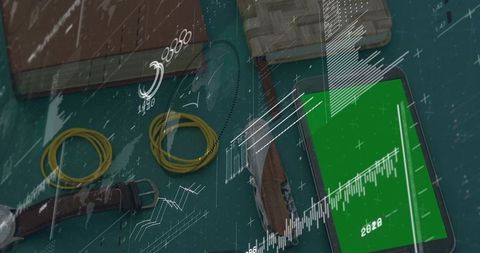 Smartphone showing green-screen financial chart overlaying teal desk with watch and multitool