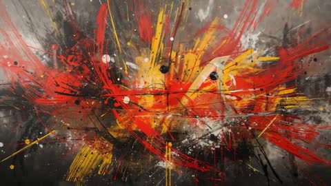 Camera panning revealing explosive abstract canvas with red and yellow gestural strokes