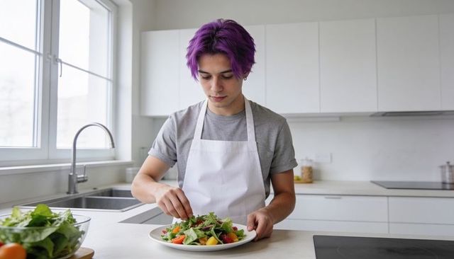 Young cook with purple hair plating fresh mixed salad in daylight minimalist kitchen