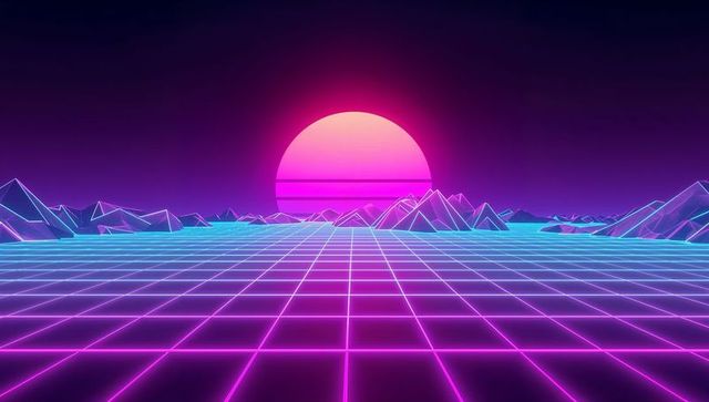 Neon cyberpunk sunset with digital landscape and wireframe peaks