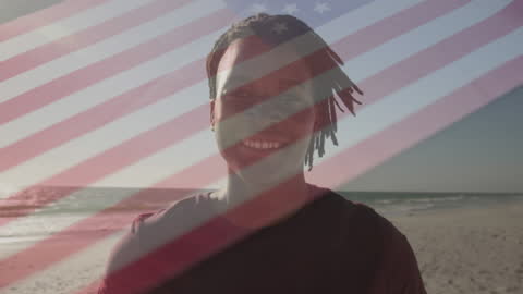 Man at Beach with USA Flag Overlay
