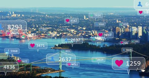 Social media engagement across urban scenery at sunrise