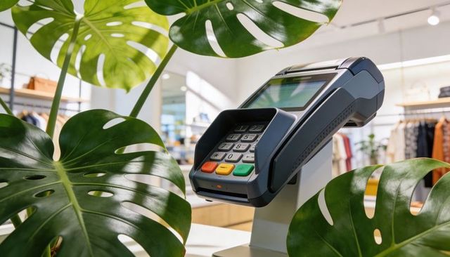 Card payment terminal surrounded by monstera leaves on boutique retail counter