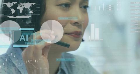 AI and Data Processing with Businesswoman in Digital Interface