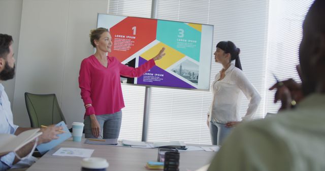 Group of professionals giving a presentation in a modern office. Ideal for business, teamwork, corporate strategy, meetings, collaborations, planning sessions, or modern office environments in stock photos.