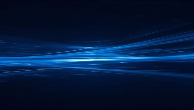 Streaming blue light streaks forming horizontal neon flow with reflective floor and depth