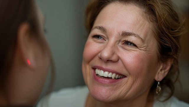 Midlife woman smiling and connecting in candid portrait with soft light, earring detail