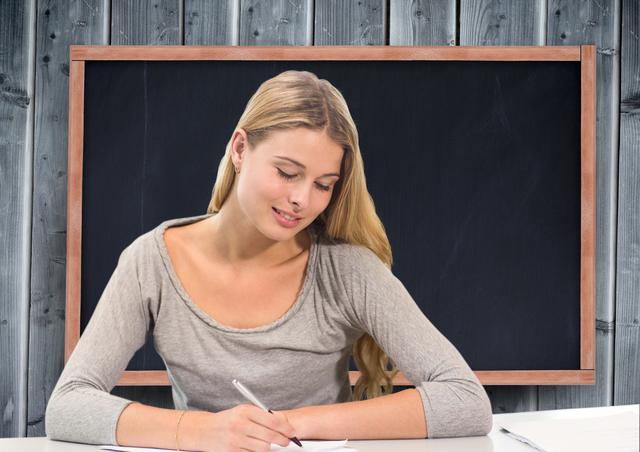Digital composite image of female teenage student doing her homework in classroom