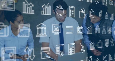 Business team reviewing financial analytics on laptop with floating fintech icons