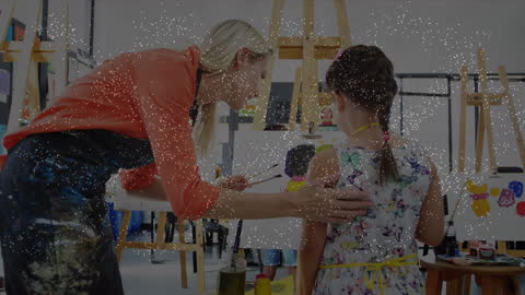 Teacher Guiding Young Student in Art Classroom with DNA Overlay