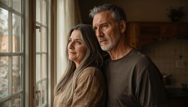 Mature couple gazing through window sharing quiet morning embrace in cozy kitchen
