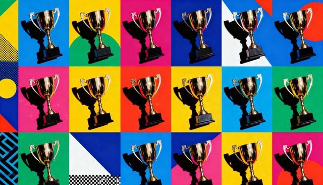 Gold trophy grid on vibrant pop art panels casting dramatic shadows and retro patterns