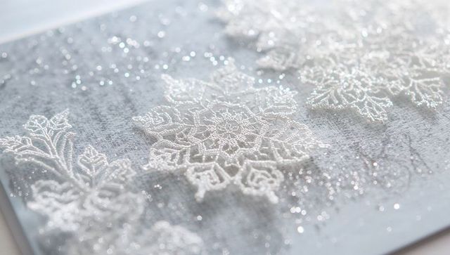 Delicate embroidered snowflake and floral lacework on glittered pale gray-blue background