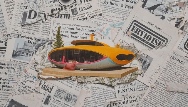 Sitting yellow retrofuturistic capsule model on newspaper collage diorama with red steps