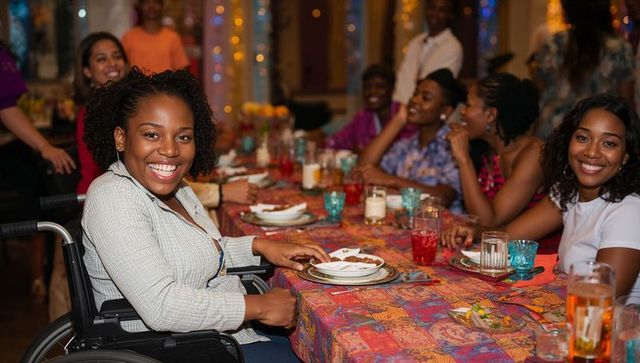 Smiling guest in wheelchair enjoying lively banquet with friends and colorful table decor