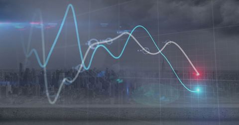 Futuristic Financial Graph and Cityscape Double Exposure