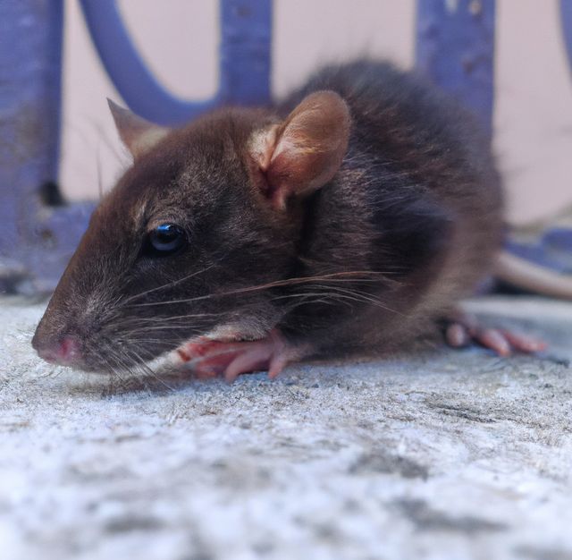 Close-up capturing details of a rat on a concrete surface, with blurred structural elements in the background. Useful for articles or educational materials on urban wildlife, pest control, or animal behavior. Can be used to highlight the presence of rodents in urban environments.