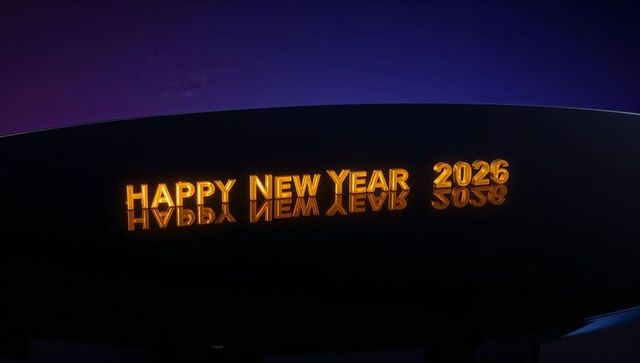 Golden 3d happy new year 2026 text glowing on glossy black plane with mirror reflection