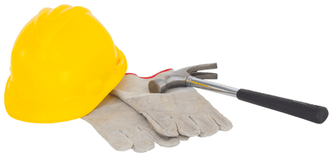 Transparent tools set with construction hardhat, gloves, hammer