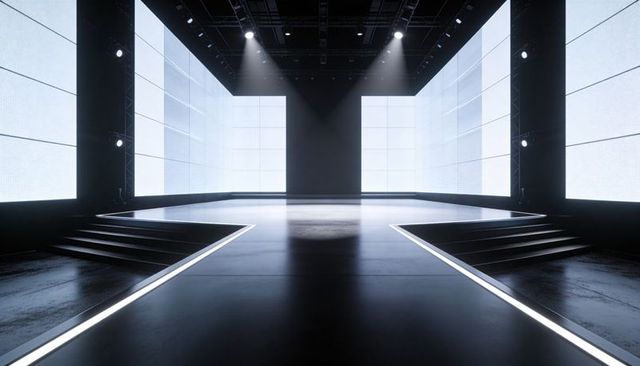 Futuristic LED-Backlit Runway with Central Catwalk, Raised Platform and Dynamic Spotlights