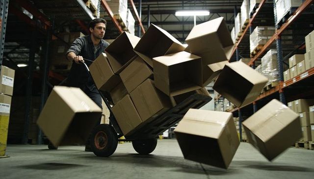 Warehouse worker pushing overloaded hand truck with boxes tumbling in fulfillment aisle
