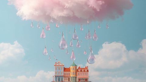 Floating glass raindrops dangling from pink cloud over pastel victorian townscape
