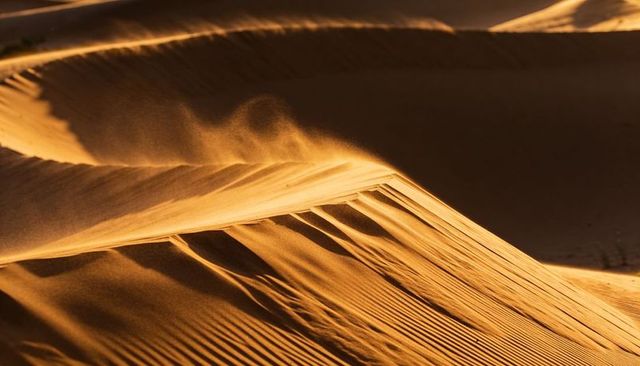Golden desert dune crest with drifting sand plume and dramatic ripple texture