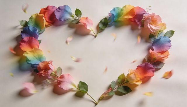 Rainbow rose petals forming heart flatlay on pale beige surface romantic decor