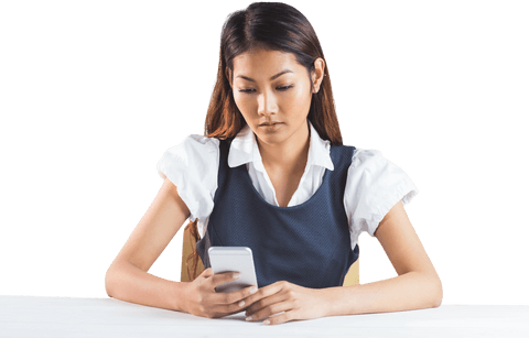 Transparent Businesswoman Engaged with Smartphone, Pondering Ideas