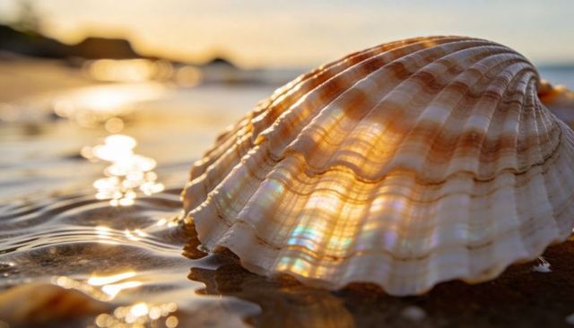 Glowing ridged scallop shell catching sunlight on wet sand at water's edge