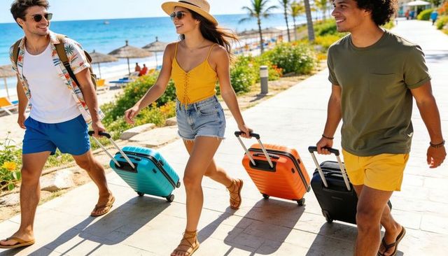 Group of friends walking seaside promenade pulling colorful suitcases under sunny sky