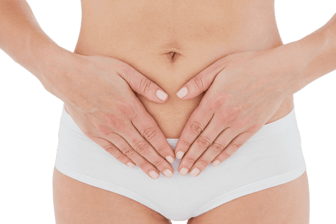 Transparent insight into stomach discomfort: woman holding abdomen
