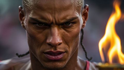 Staring athlete furrowing brow and sweating with torch flame closeup intense determination