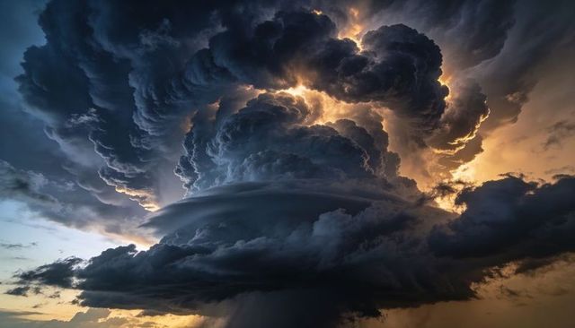 Towering dramatic supercell cumulonimbus with rotating wall cloud and sunlit anvil at sunset