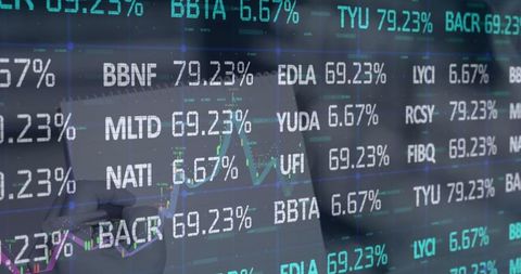 Digital financial data on glass display over notepad