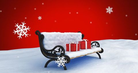 Festive Bench with Christmas Gifts in Winter Wonderland