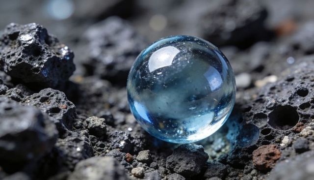 Resting translucent blue marble on porous volcanic rock with glossy specular highlight