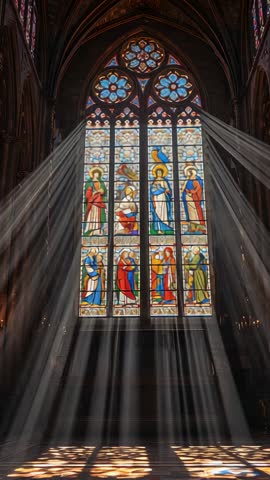 Sunlight Pouring Through Gothic Stained Glass Lancet Casting Colorful Beams Across Cathedral Nave