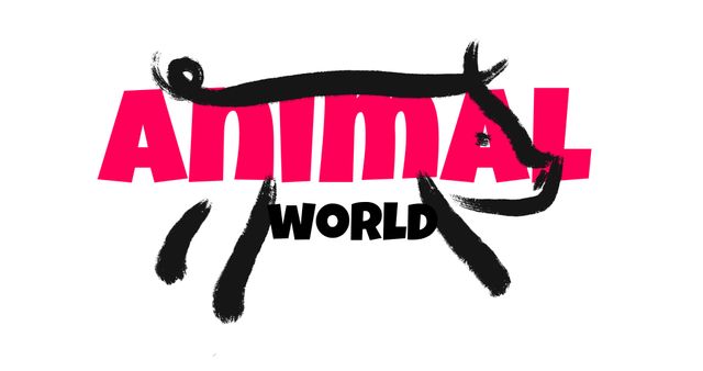 This logo design features the phrase 'Animal World' in bold, pink and black text overlaying a hand-drawn feline figure made of simple brush strokes. Ideal for businesses or organizations related to pets, wildlife education, animal shelters, zoos, or children's media. The playful and artistic style appeals to audiences seeking modern and creative branding.