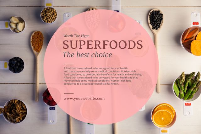 This template displays a variety of superfoods arranged artfully, focusing on promoting healthy eating habits. It is perfect for use in health blogs, nutrition websites, and food-related menu designs to highlight the importance of nutrient-rich foods. Colors and layout can attract readers' attention and inspire healthy lifestyle choices.