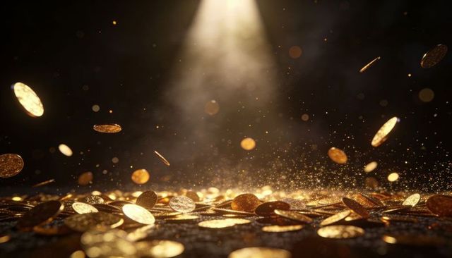 Tumbling gold coins under spotlight with sparkling dust and dramatic reflections