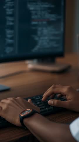 Vertical developer typing and editing code on keyboard with monitor in modern workspace