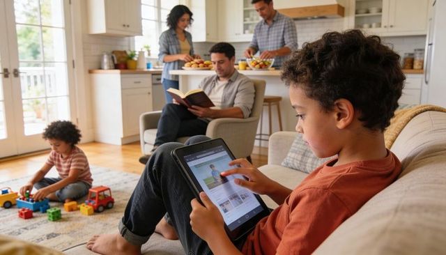 Family morning with school-age boy using tablet while sibling plays and parents preparing snacks