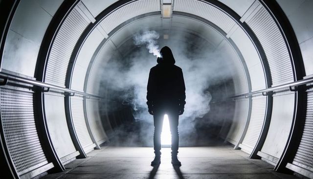 Backlit hooded silhouette standing in circular metallic tunnel with smoke and symmetry