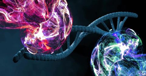 Twisting bioluminescent dna double helix with neon particle orbs and swirling cosmic energy