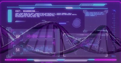 Futuristic DNA Helix with Holographic Technology Interface