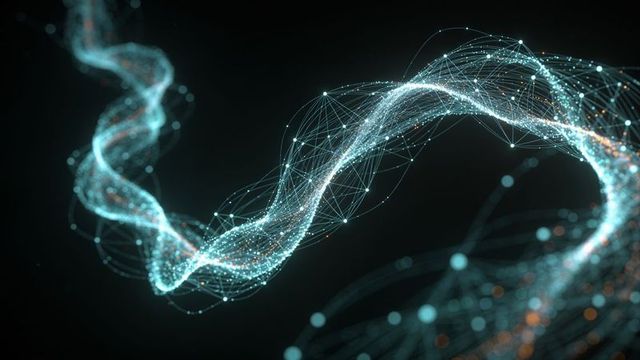 Glowing neural ribbon weaving through space with luminous data nodes and wireframe mesh